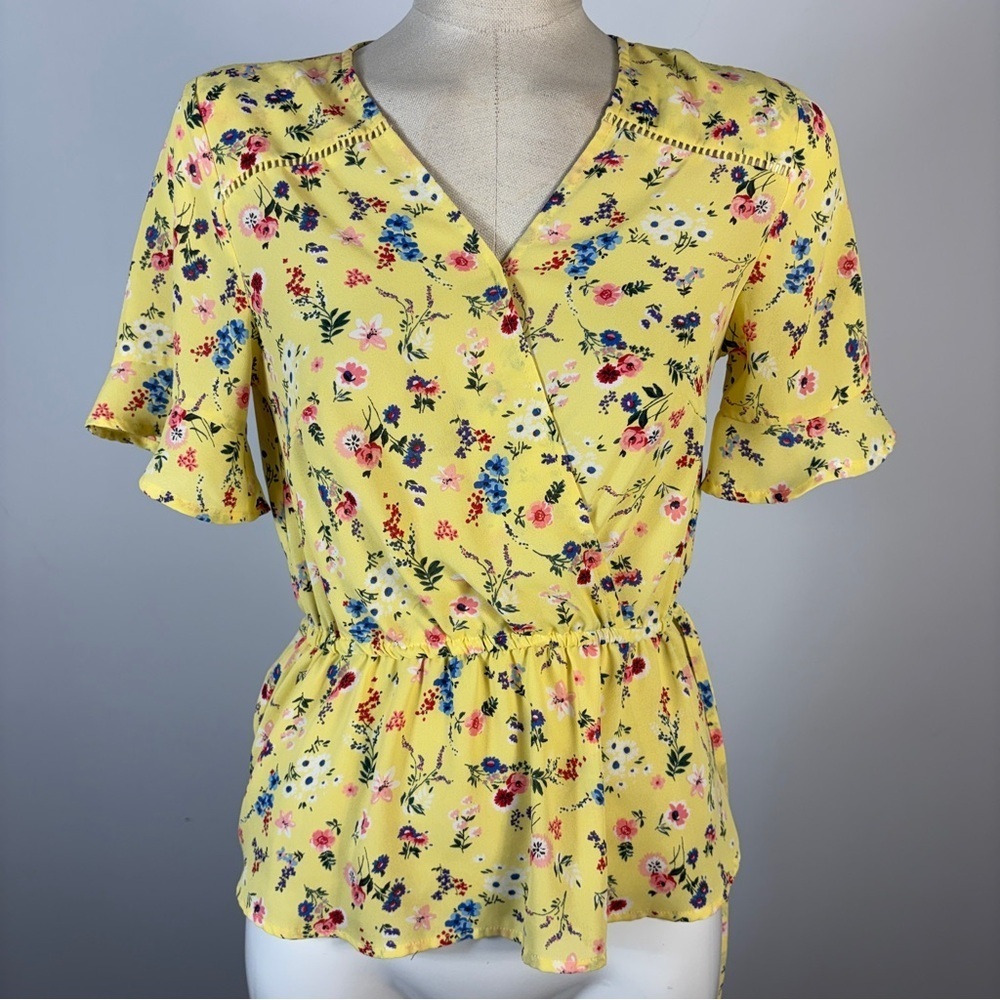 ❤️ Design Lab Yellow Floral Peplum Wrap Blouse Flutter Sleeve XS